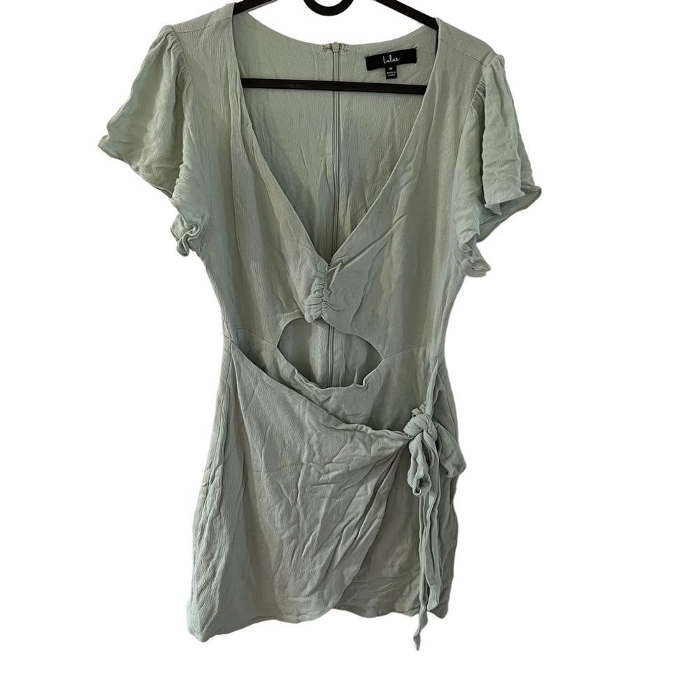 Lulus M Be a Friend Mint Green Ruffled Cutout Faux Wrap Mini Dress